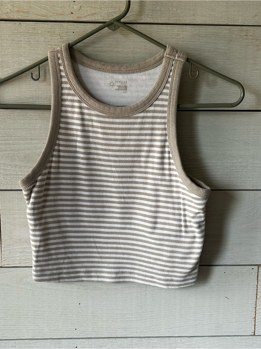 Offline by aerie Striped Taupe and White Ribbed Crop Tank - Women